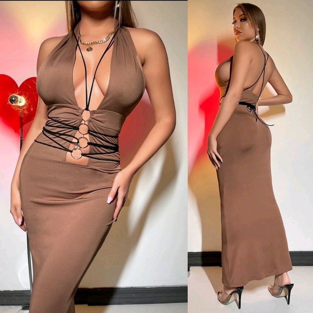 SOLD NWT O-RING LEATHER LACE UP CRISSCROSS BACKLESS HALTER BODYCON DRESS